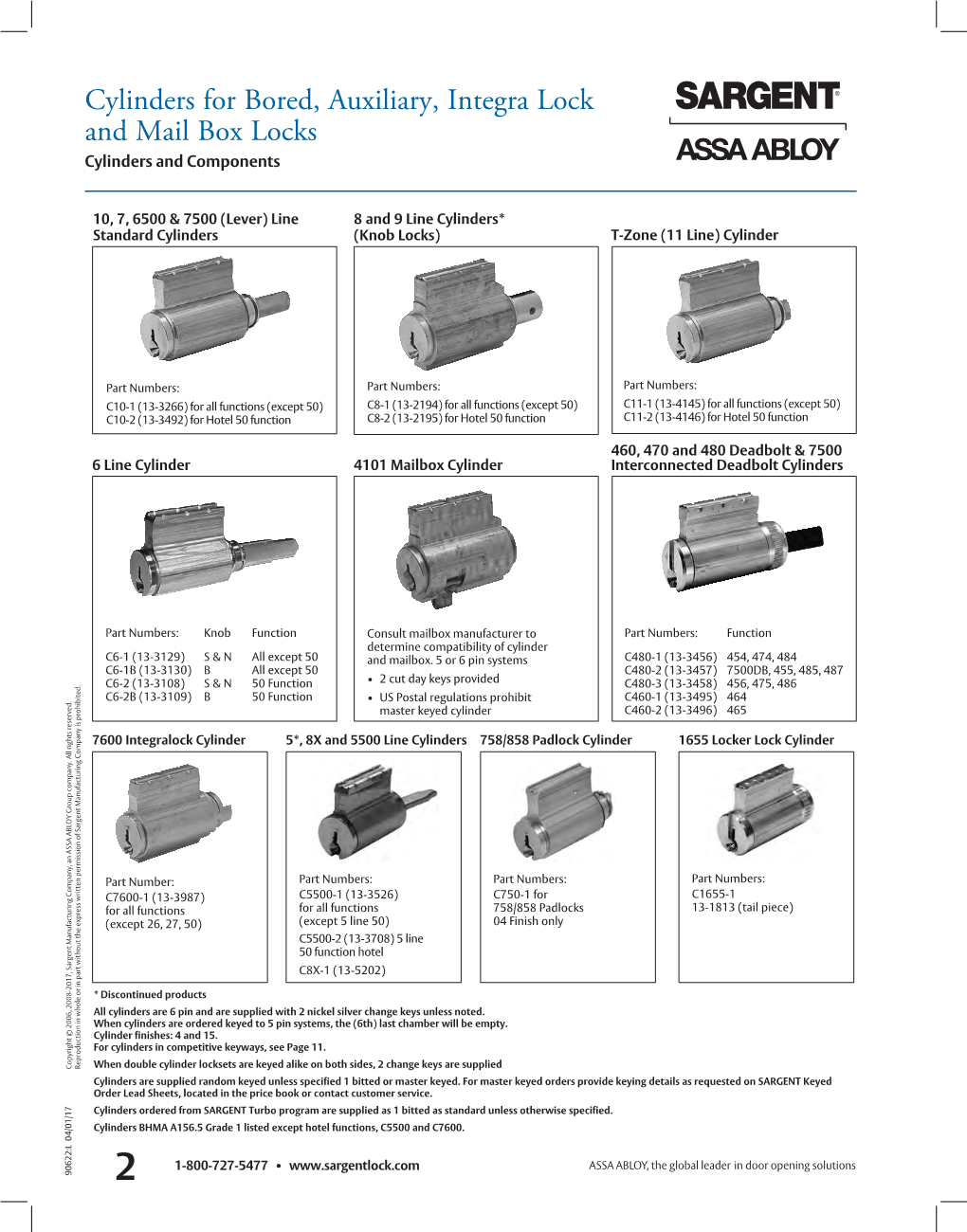 Cylinders for Bored, Auxiliary, Integra Lock and Mail Box Locks Cylinders and Components