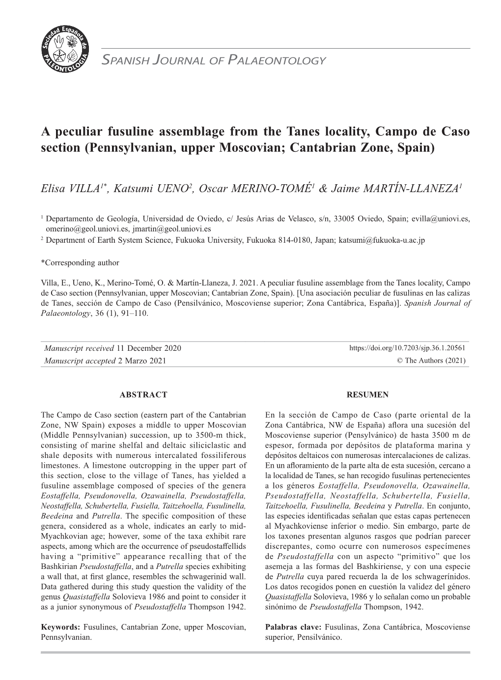 A Peculiar Fusuline Assemblage from the Tanes Locality, Campo De Caso Section (Pennsylvanian, Upper Moscovian; Cantabrian Zone, Spain)