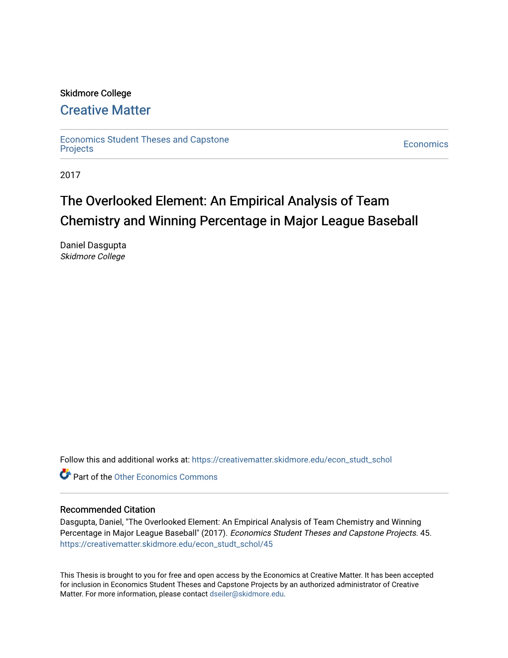 An Empirical Analysis of Team Chemistry and Winning Percentage in Major League Baseball
