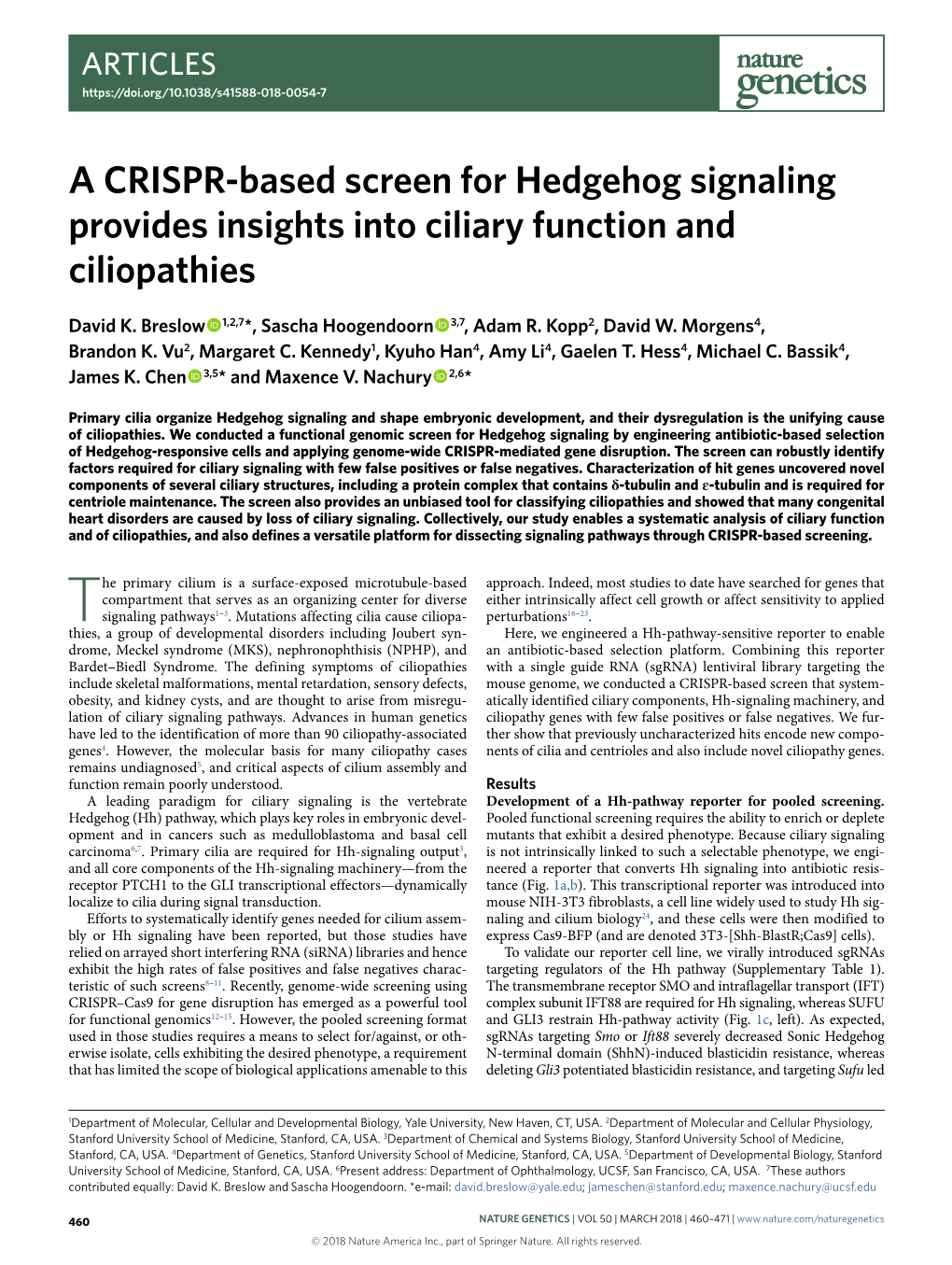 A CRISPR-Based Screen for Hedgehog Signaling Provides Insights Into Ciliary Function and Ciliopathies