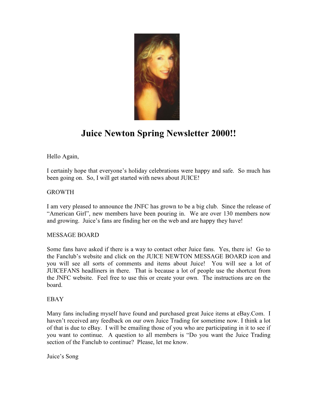 Juice Newton Spring Newsletter 2000!!