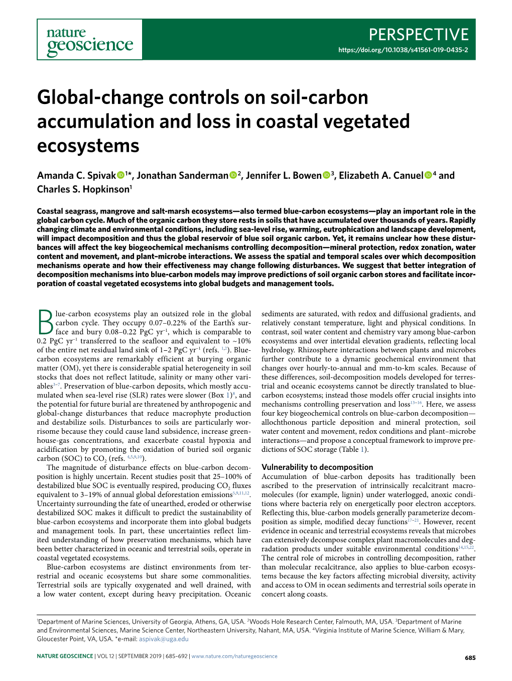Global-Change Controls on Soil-Carbon Accumulation and Loss in Coastal Vegetated Ecosystems