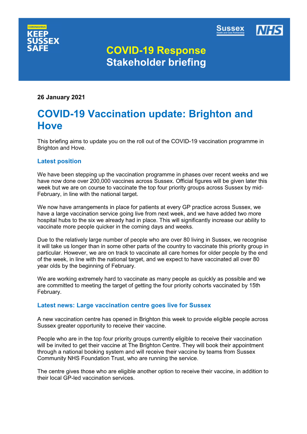 Brighton and Hove COVID-19 Vaccination Stakeholder Briefing 26