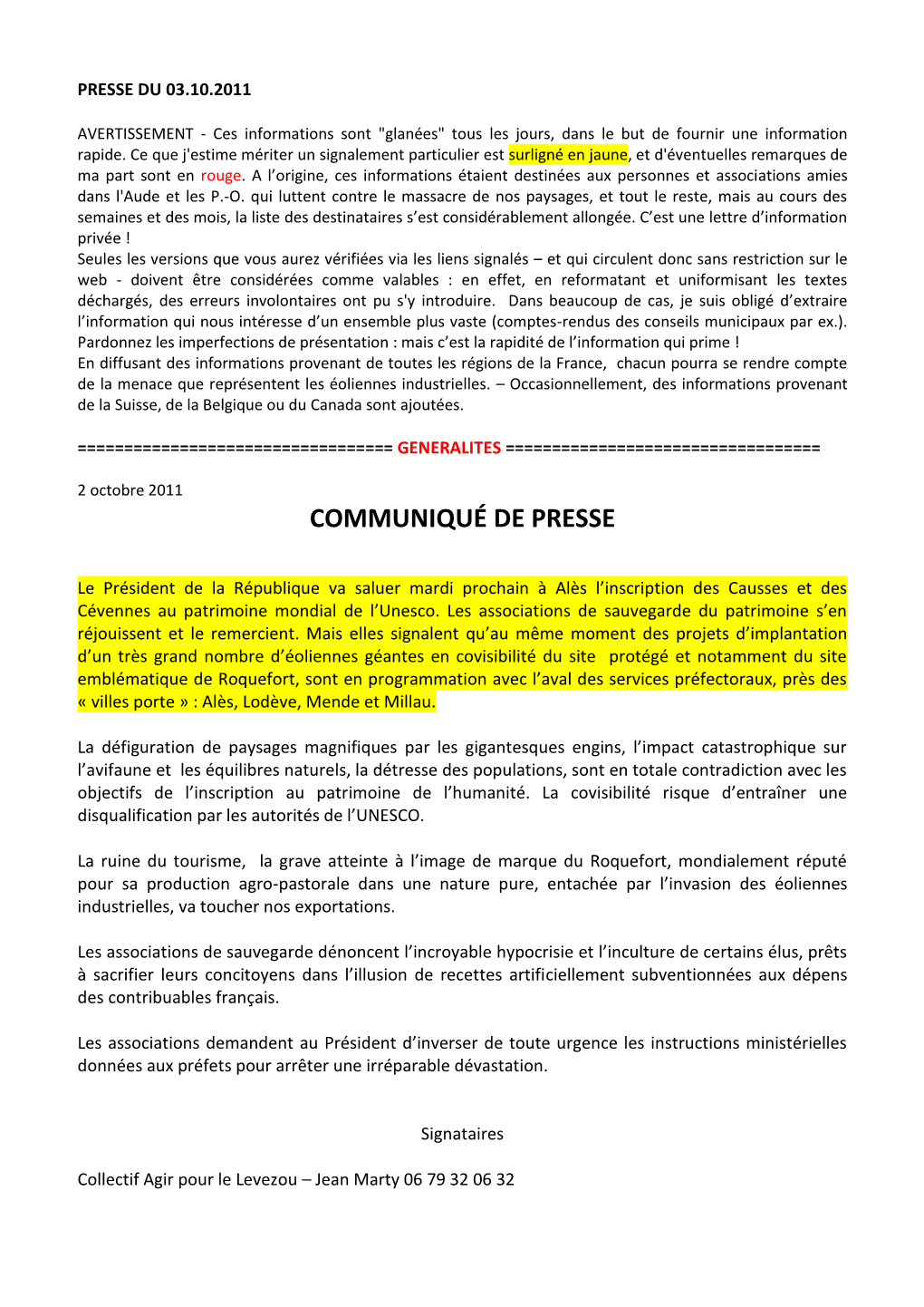 Communiqué De Presse