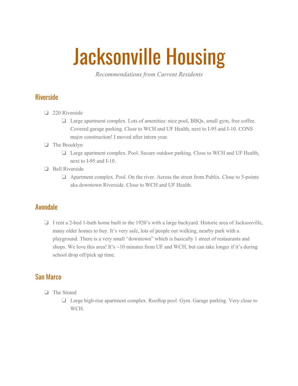 Jacksonville Housing Recommendations from Current Residents