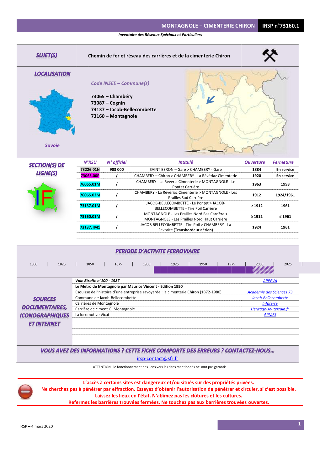 MONTAGNOLE – CIMENTERIE CHIRON IRSP N°73160.1 Inventaire Des Réseaux Spéciaux Et Particuliers