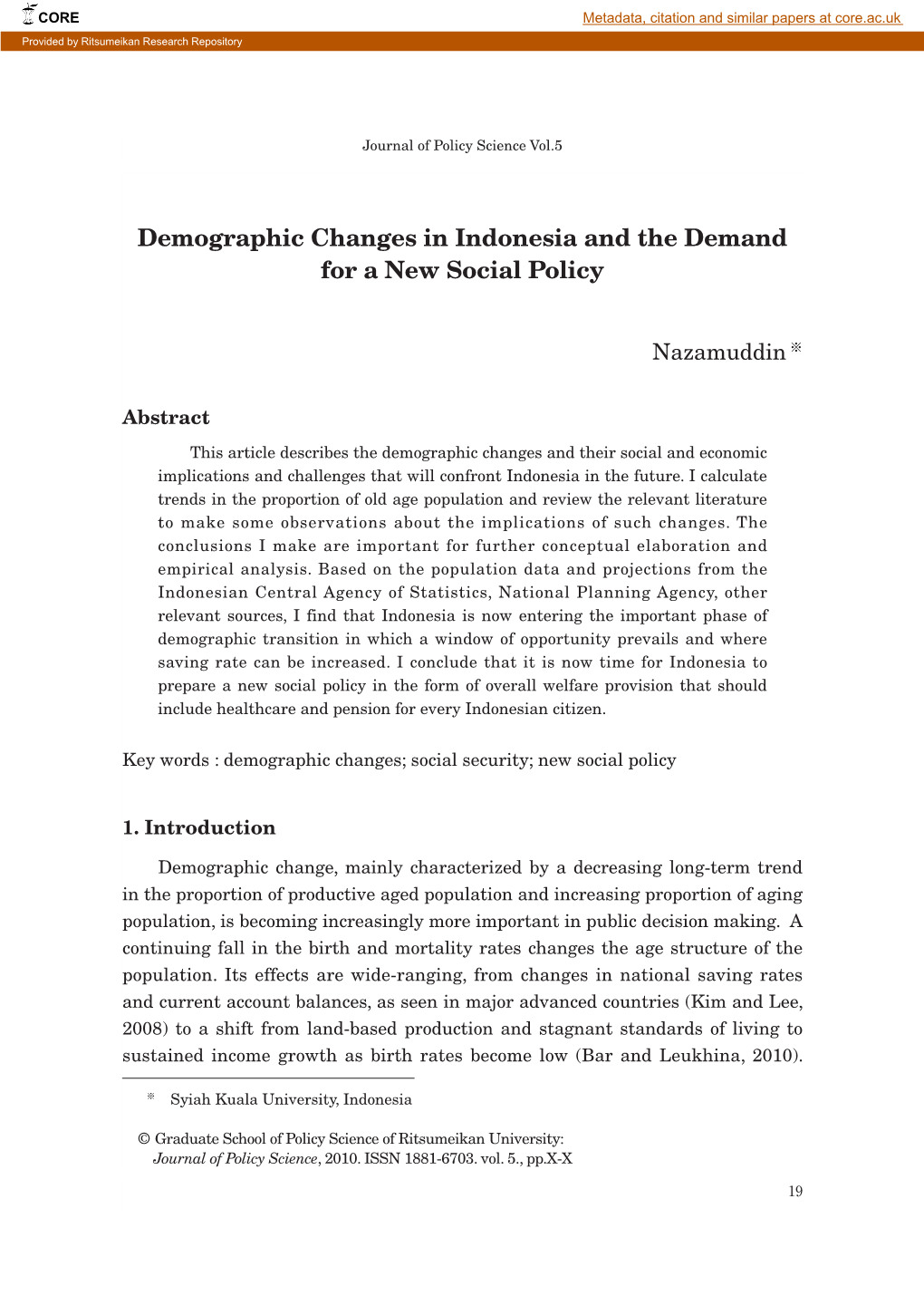 Demographic Changes in Indonesia and the Demand for a New Social Policy