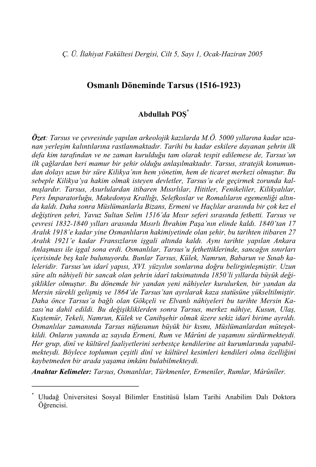 Osmanlı Döneminde Tarsus (1516-1923)