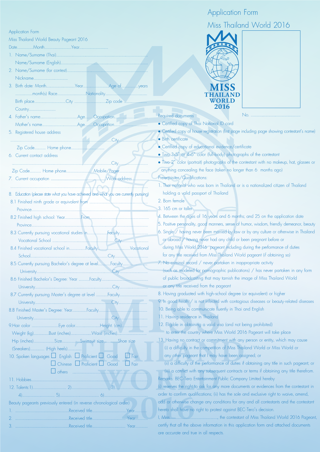 Application Form Miss Thailand World 2016 Application Form Miss Thailand World Beauty Pageant 2016 Date