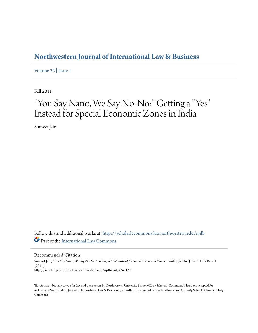 Instead for Special Economic Zones in India Sumeet Jain