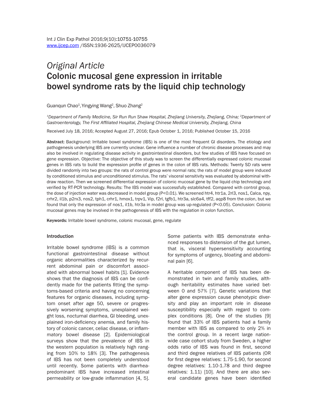 Original Article Colonic Mucosal Gene Expression in Irritable Bowel Syndrome Rats by the Liquid Chip Technology