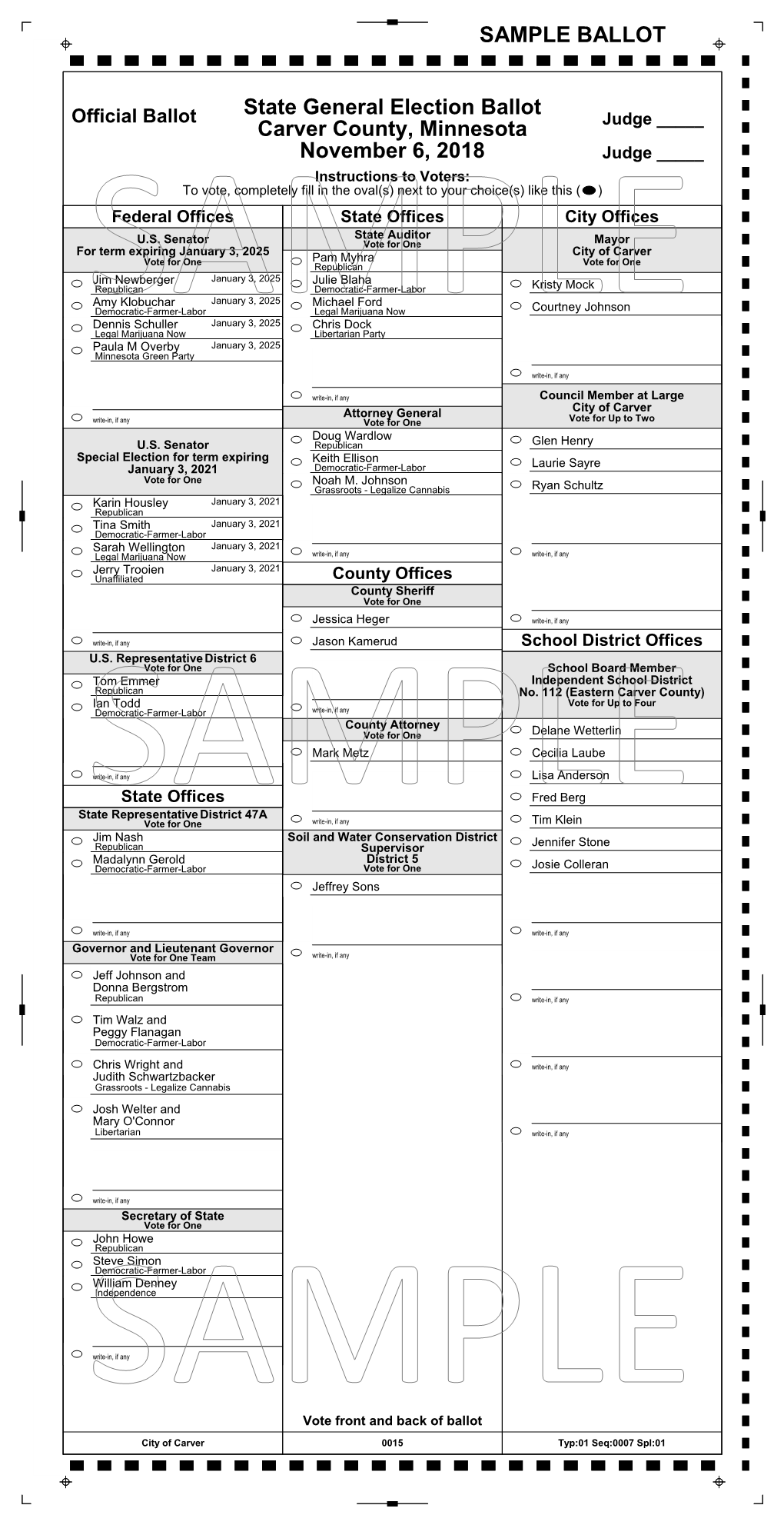 State General Election Ballot Carver County, Minnesota November 6