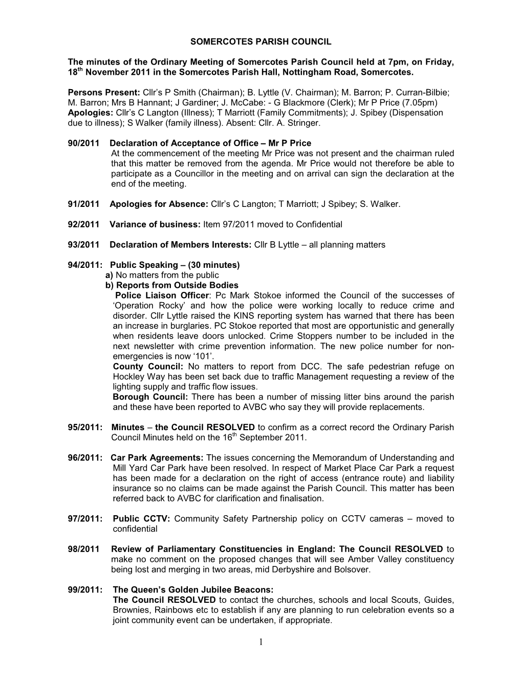 SOMERCOTES PARISH COUNCIL the Minutes of the Ordinary