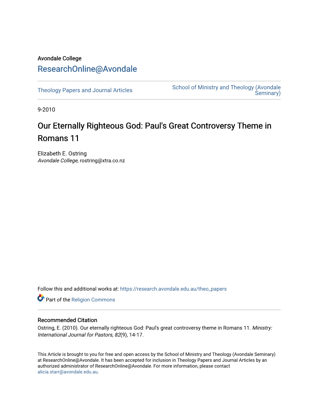 Our Eternally Righteous God: Paul's Great Controversy Theme in Romans 11