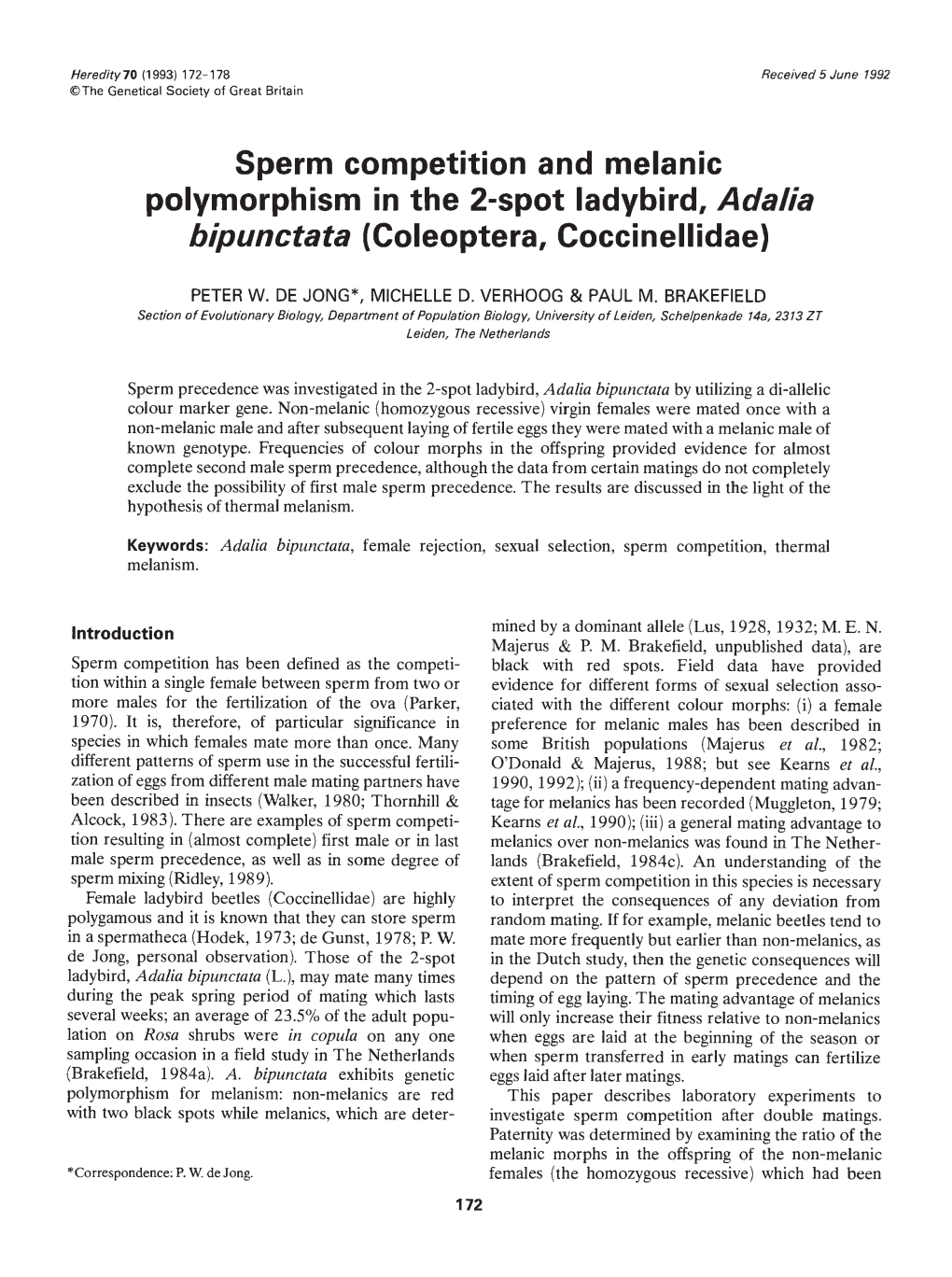 Polymorphism in the 2-Spot Ladybird, Adalla Bipunctata (Coleoptera, Coccinellidae)