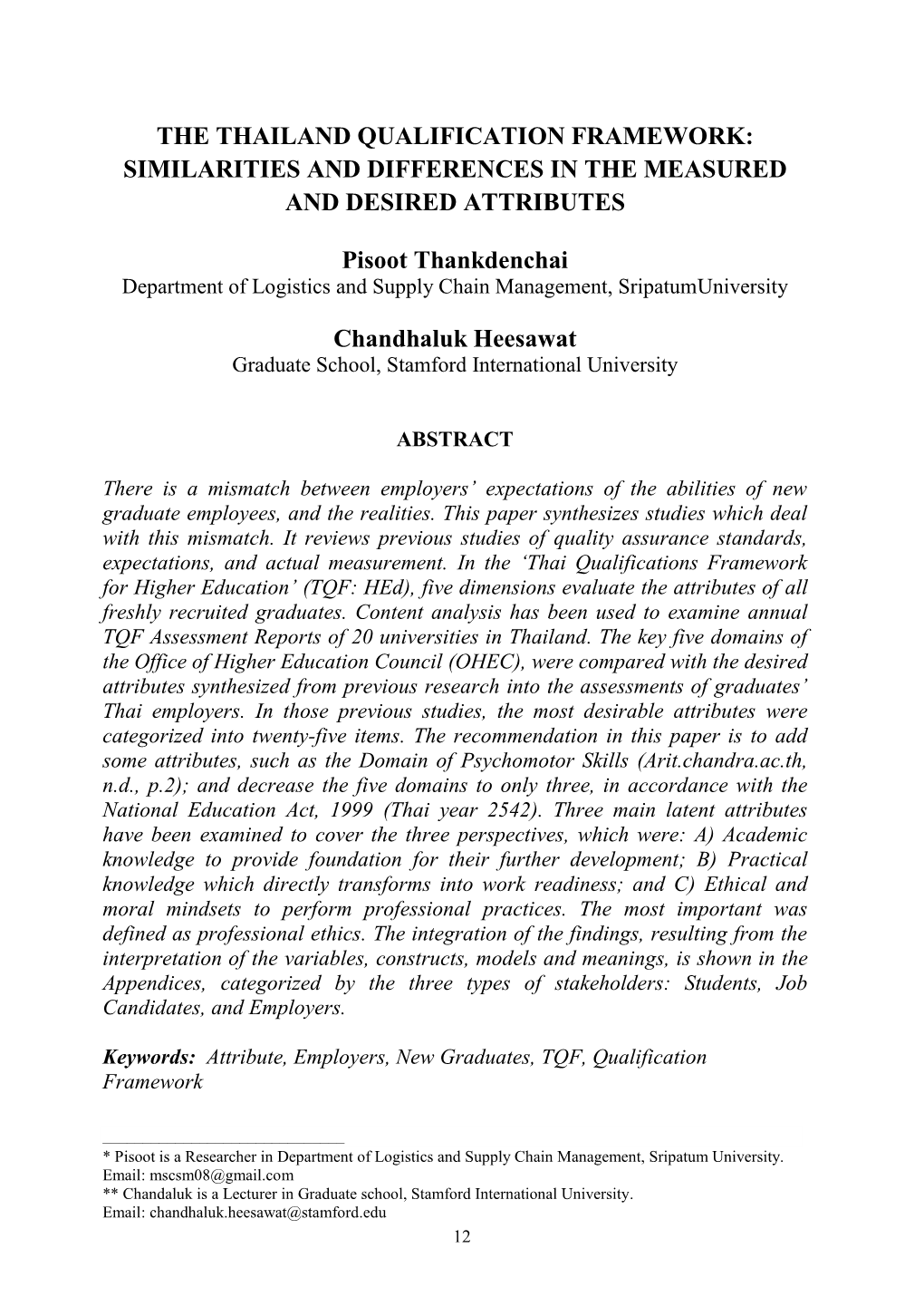 The Thailand Qualification Framework: Similarities and Differences in the Measured and Desired Attributes