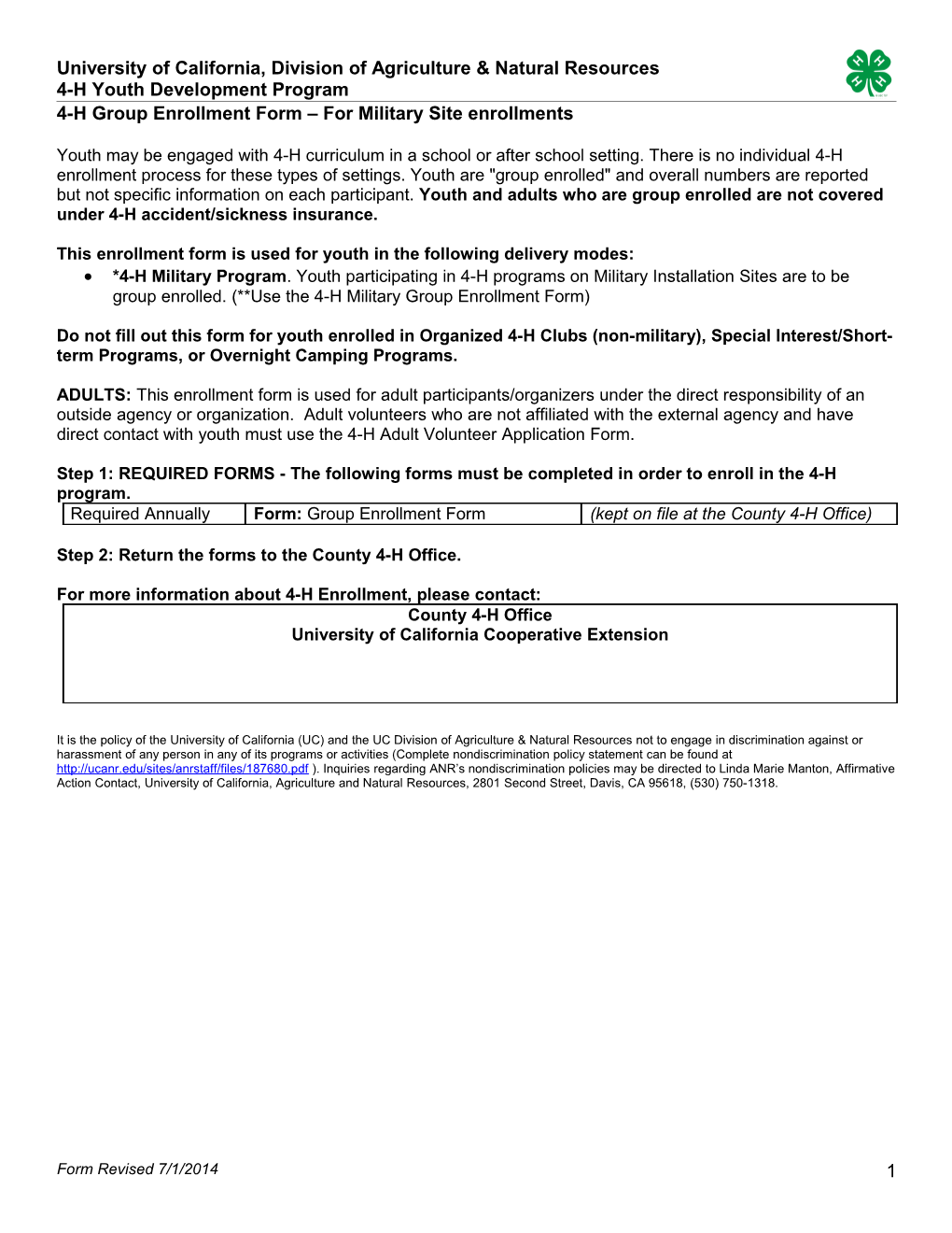 CA 4-H Youth New Enrollment Form