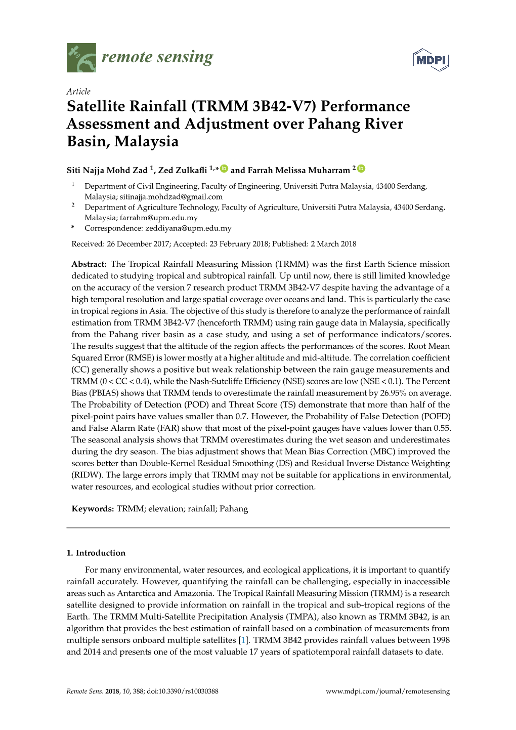 Satellite Rainfall (TRMM 3B42-V7) Performance Assessment and Adjustment Over Pahang River Basin, Malaysia