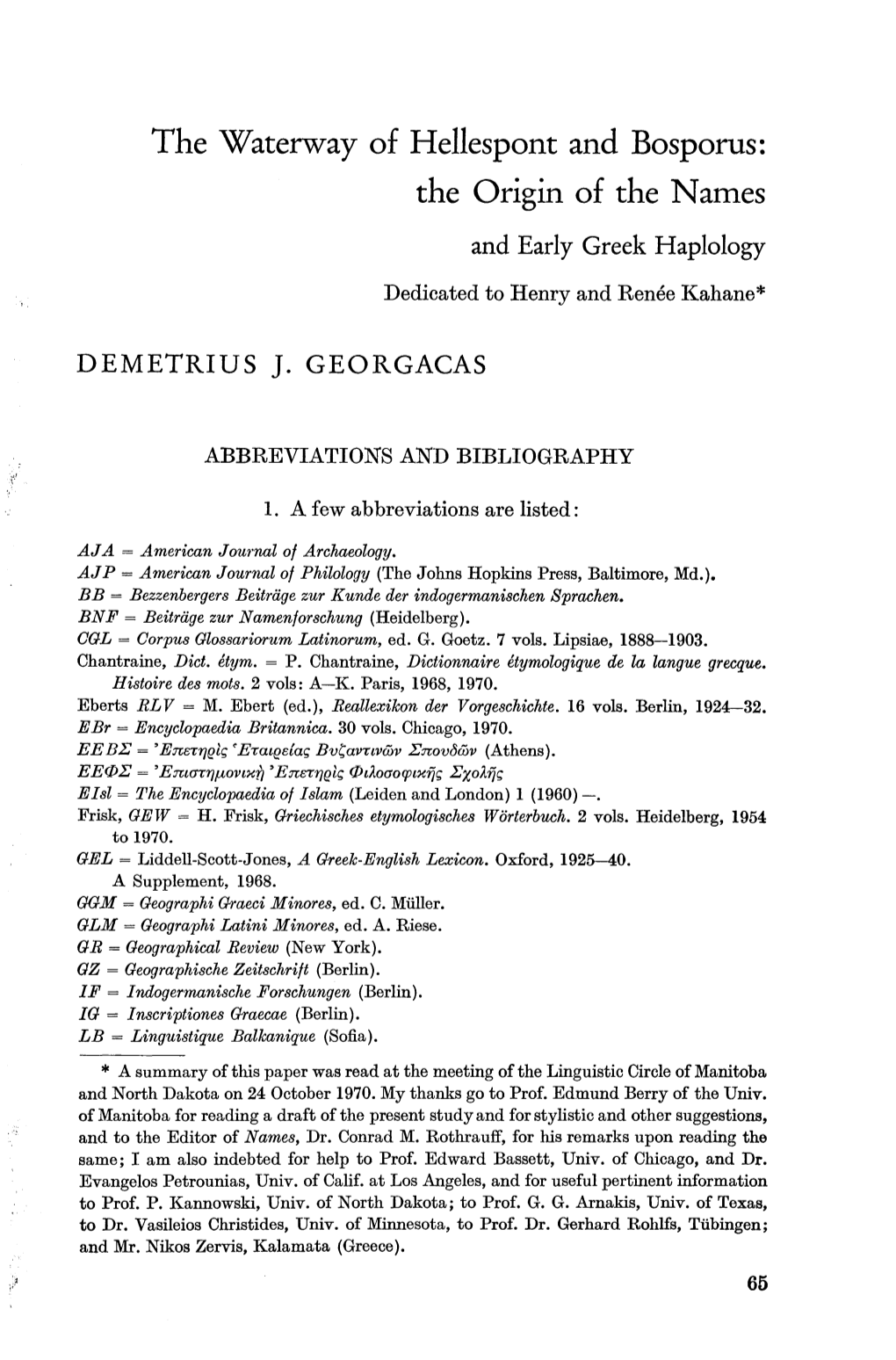 The Waterway of Hellespont and Bosporus: the Origin of the Names and Early Greek Haplology