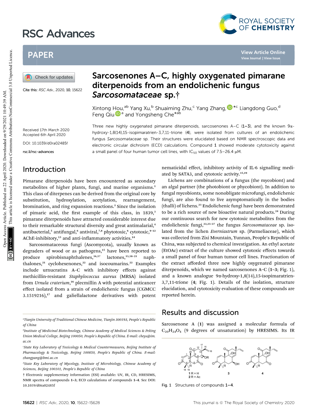 Sarcosenones A–C, Highly Oxygenated Pimarane Diterpenoids from an Endolichenic Fungus Cite This: RSC Adv., 2020, 10,15622 Sarcosomataceae Sp.†