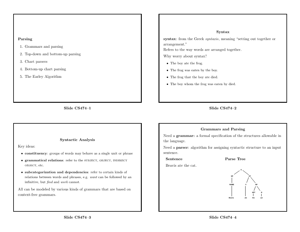 Parsing 1. Grammars and Parsing 2. Top-Down and Bottom-Up Parsing 3