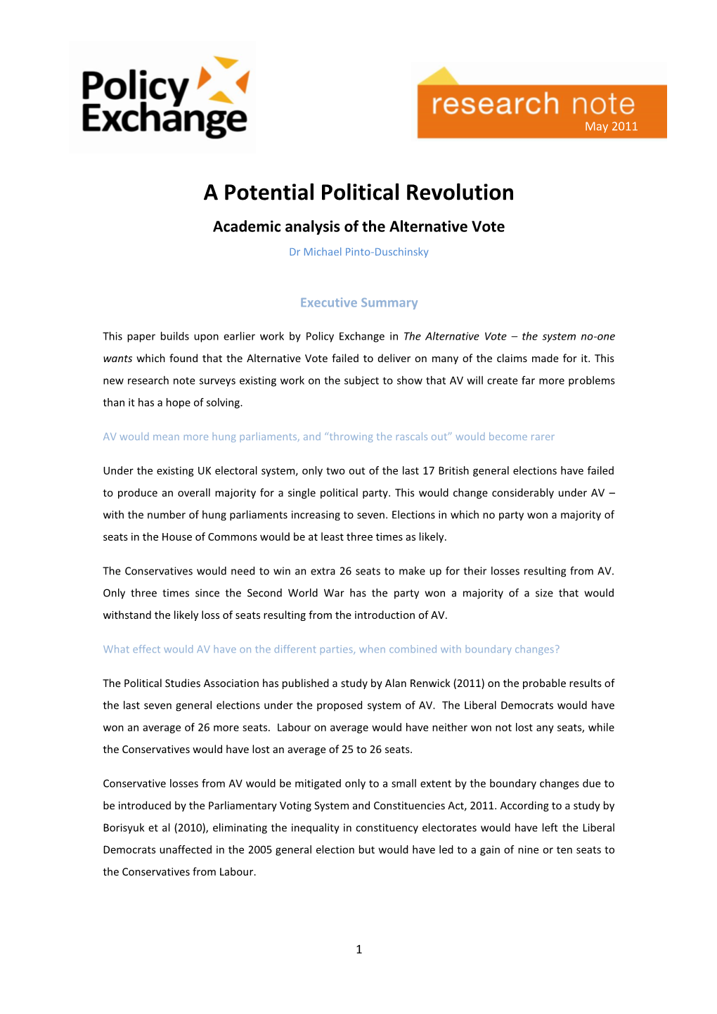 A Potential Political Revolution Academic Analysis of the Alternative Vote Dr Michael Pinto-Duschinsky