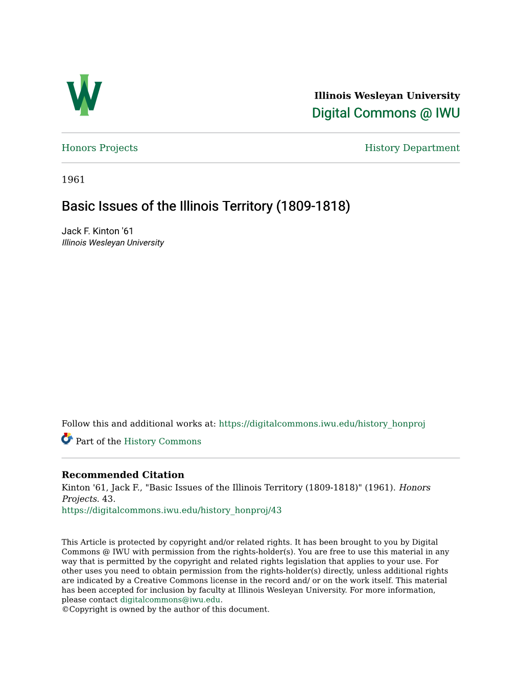 Basic Issues of the Illinois Territory (1809-1818)