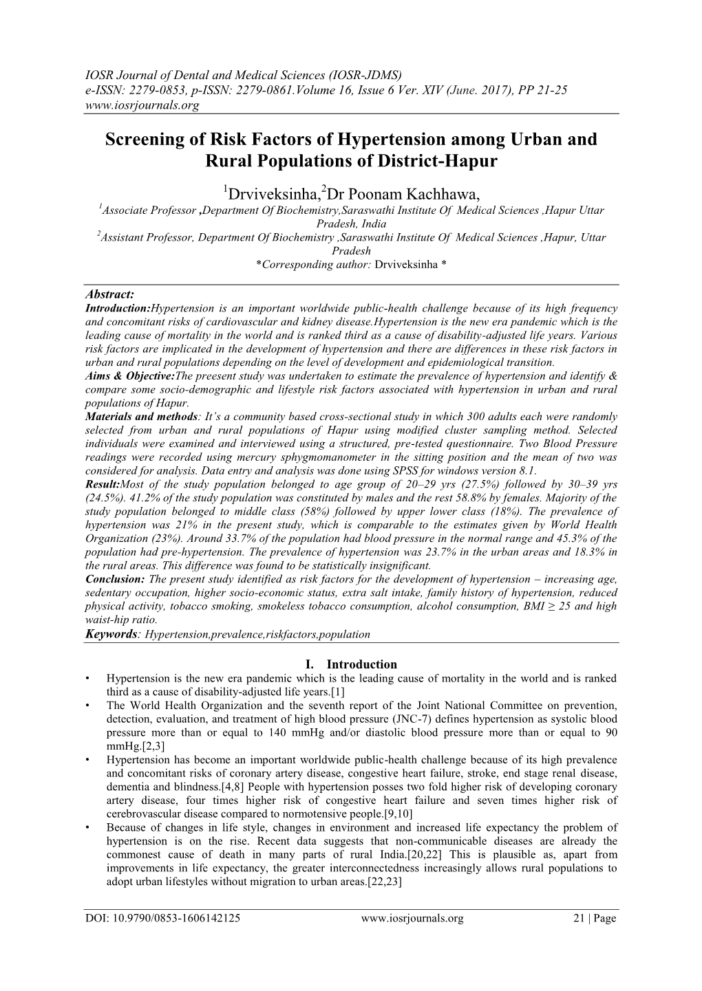 Screening of Risk Factors of Hypertension Among Urban and Rural Populations of District-Hapur