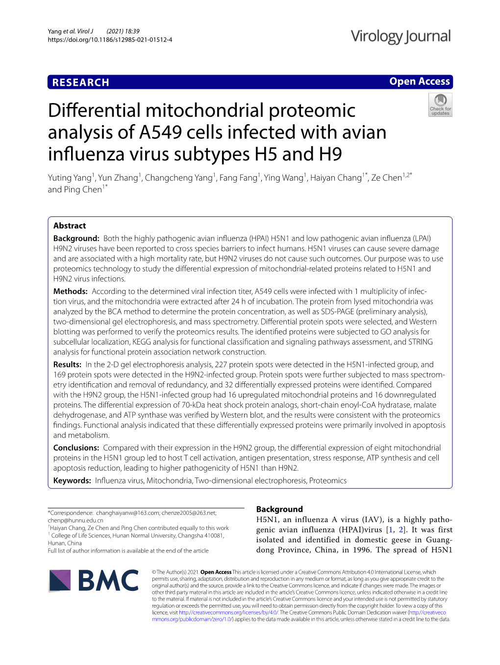 Differential Mitochondrial Proteomic Analysis of A549 Cells Infected With