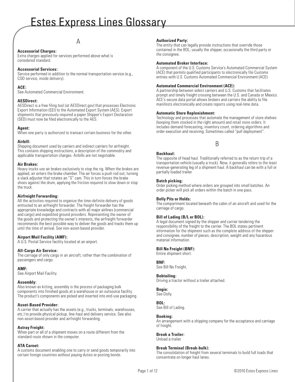 Estes Express Lines Glossary