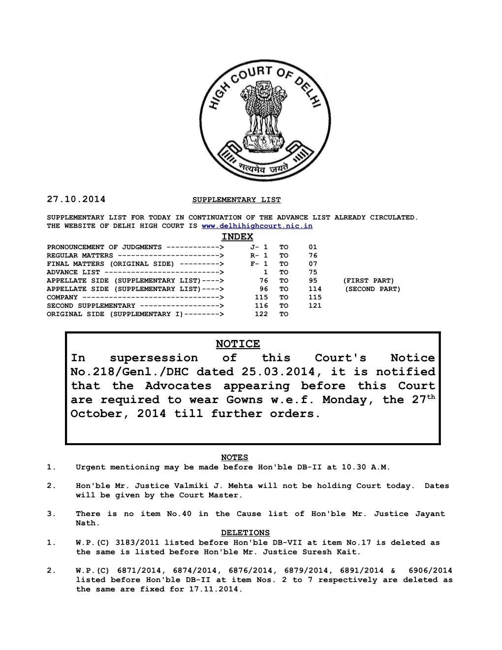 NOTICE in Supersession of This Court's Notice No.218/Genl./DHC Dated 25.03.2014, It Is Notified That the Advocates Appearing