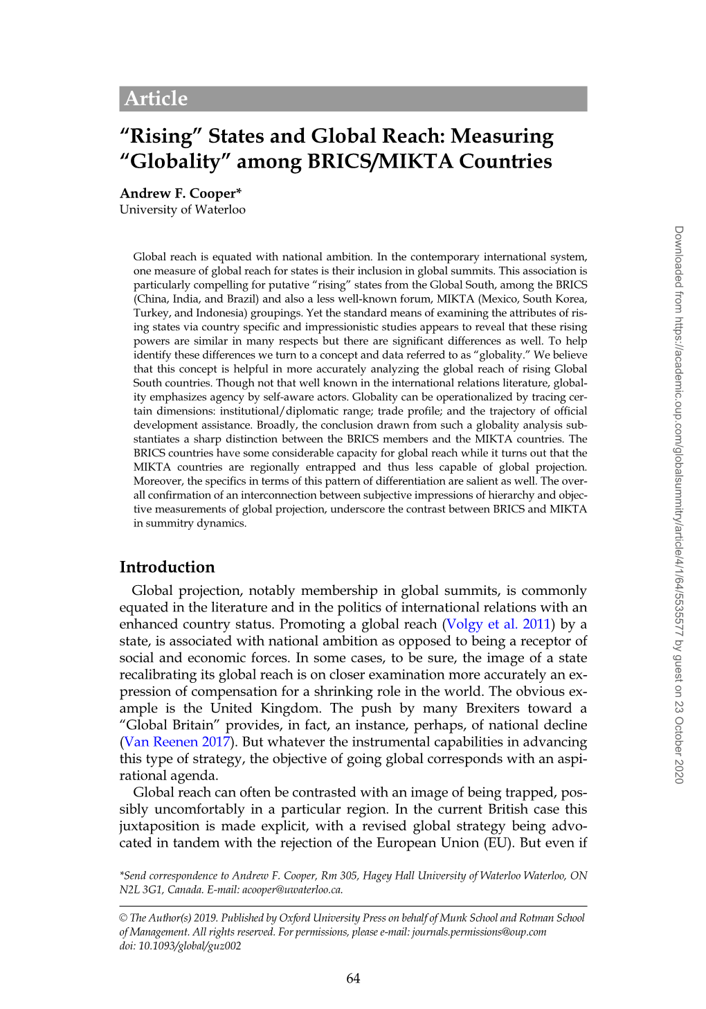 “Rising” States and Global Reach: Measuring “Globality” Among BRICS/MIKTA Countries Andrew F