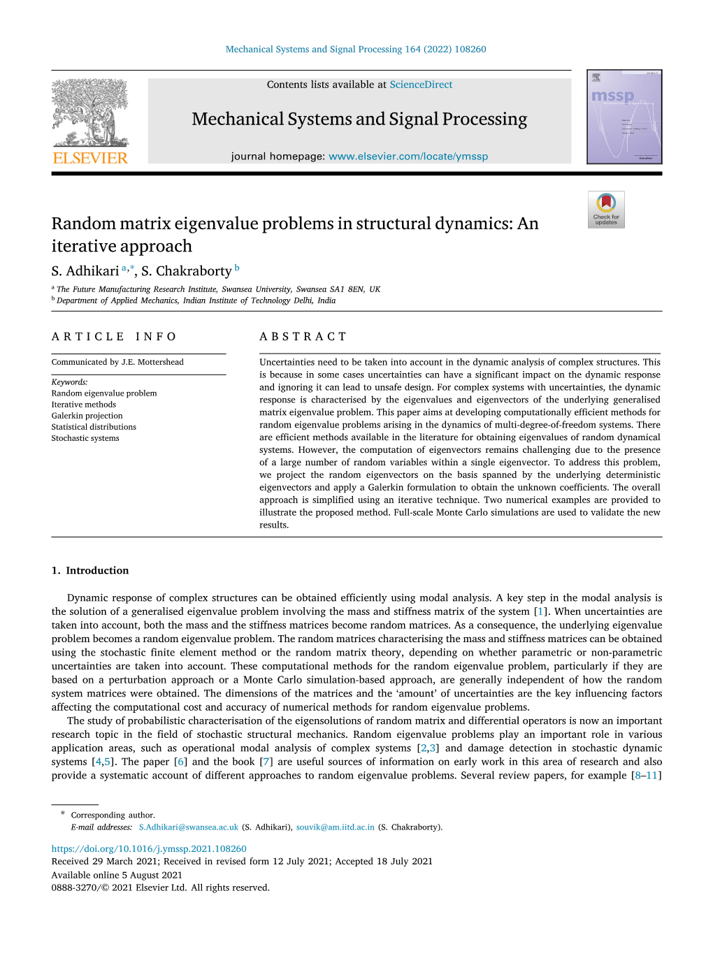 Random Matrix Eigenvalue Problems in Structural Dynamics: an Iterative Approach S