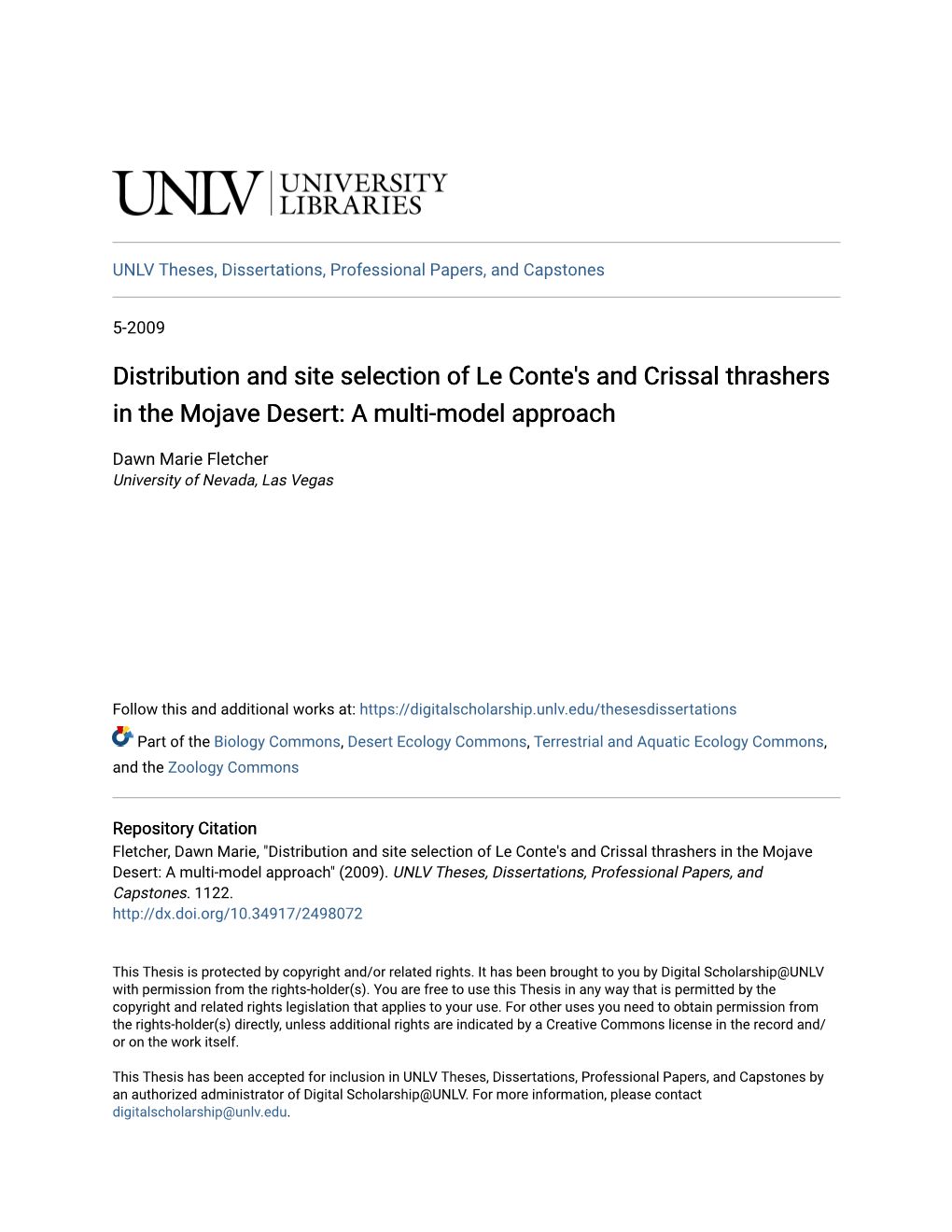 Distribution and Site Selection of Le Conte's and Crissal Thrashers in the Mojave Desert: a Multi-Model Approach