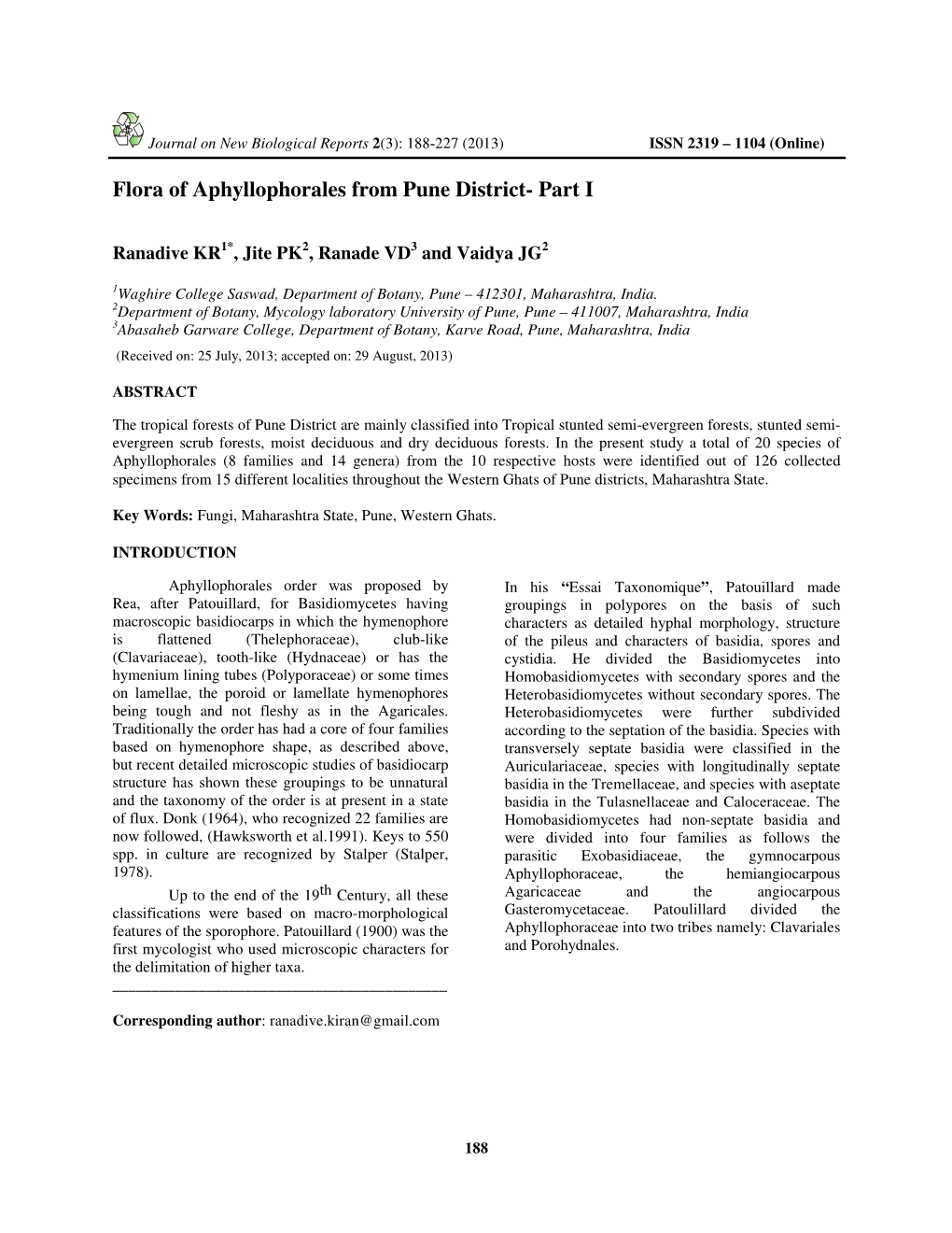 Flora of Aphyllophorales from Pune District- Part I