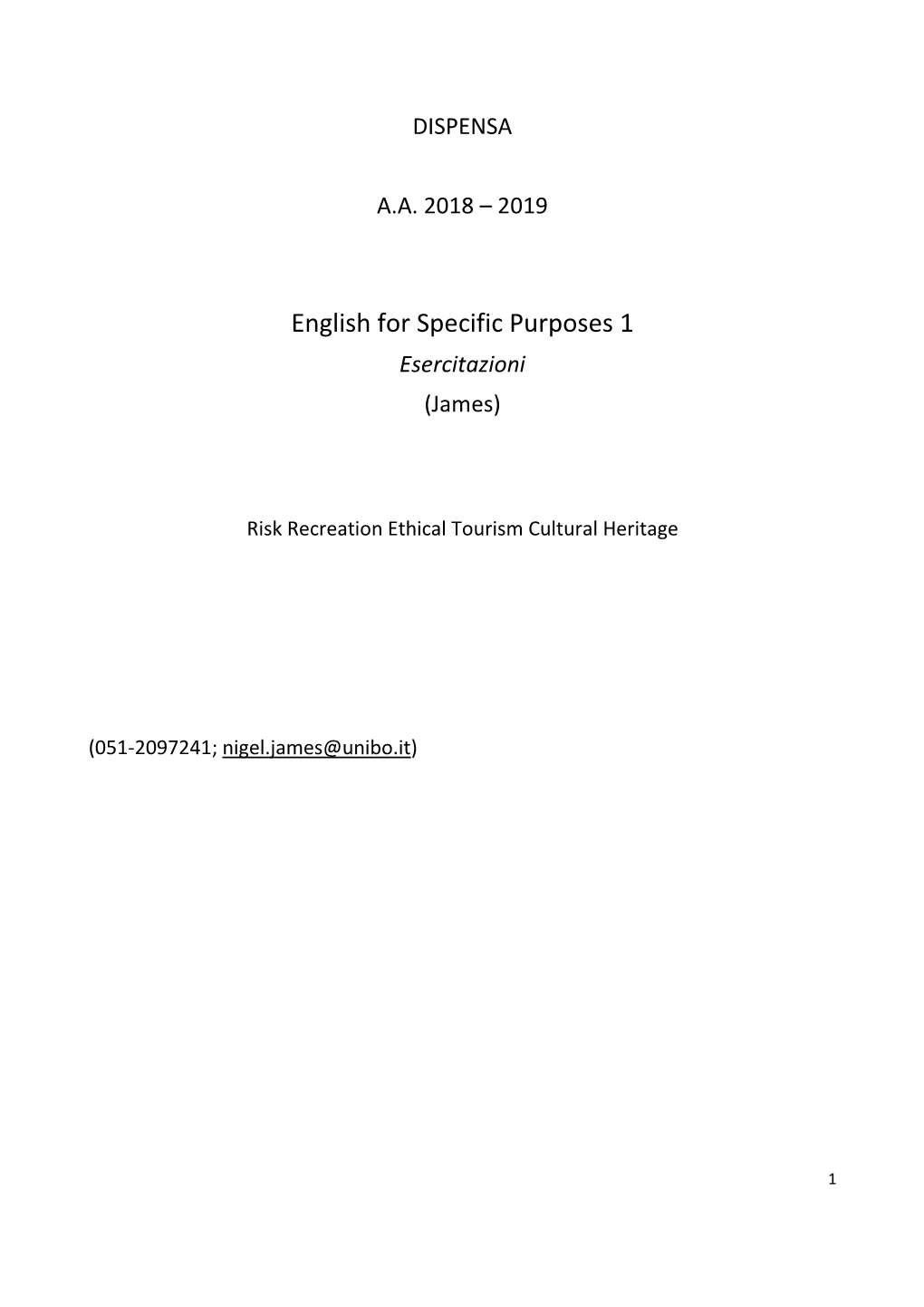 English for Specific Purposes 1 Esercitazioni (James)