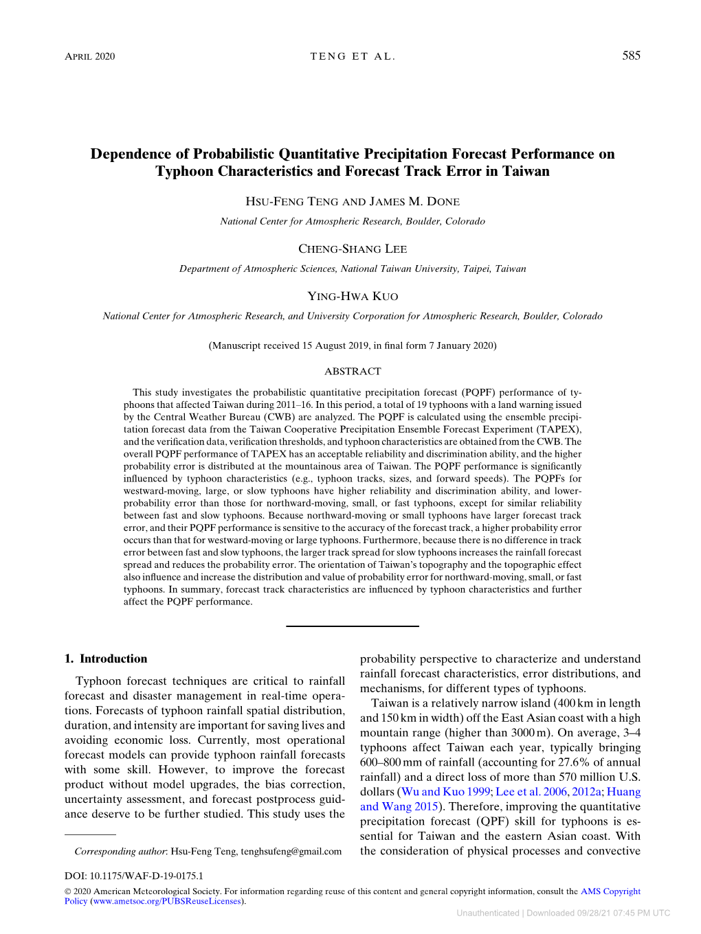 Dependence of Probabilistic Quantitative Precipitation Forecast Performance on Typhoon Characteristics and Forecast Track Error in Taiwan