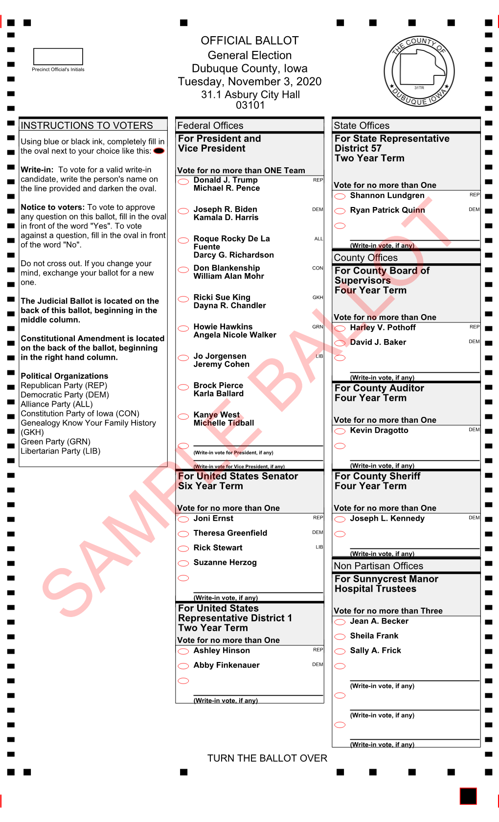 OFFICIAL BALLOT General Election Dubuque County, Iowa Tuesday, November 3, 2020