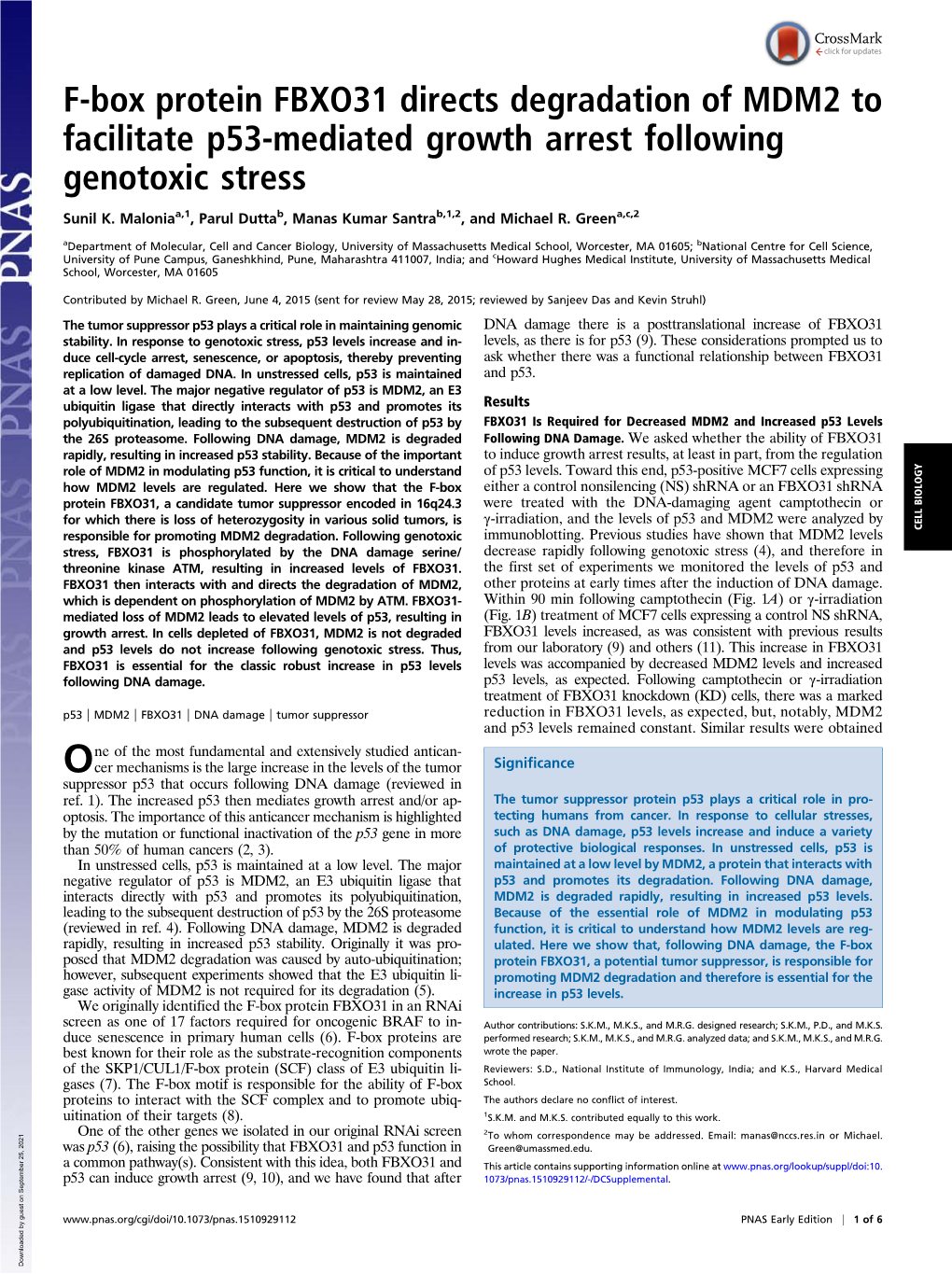 F-Box Protein FBXO31 Directs Degradation of MDM2 to Facilitate P53-Mediated Growth Arrest Following Genotoxic Stress