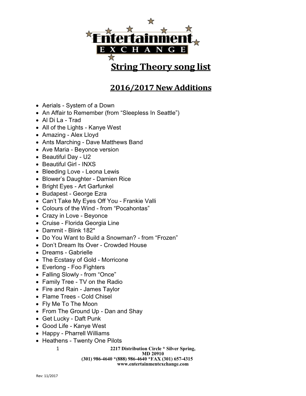 String Theory Song List