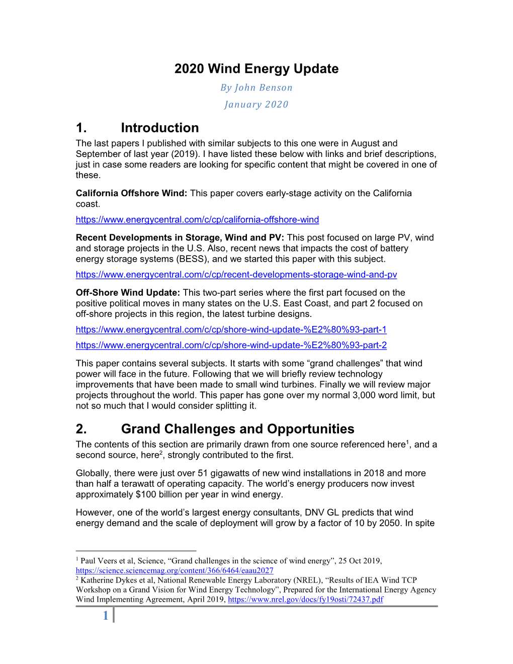 1 2020 Wind Energy Update 1. Introduction 2. Grand Challenges
