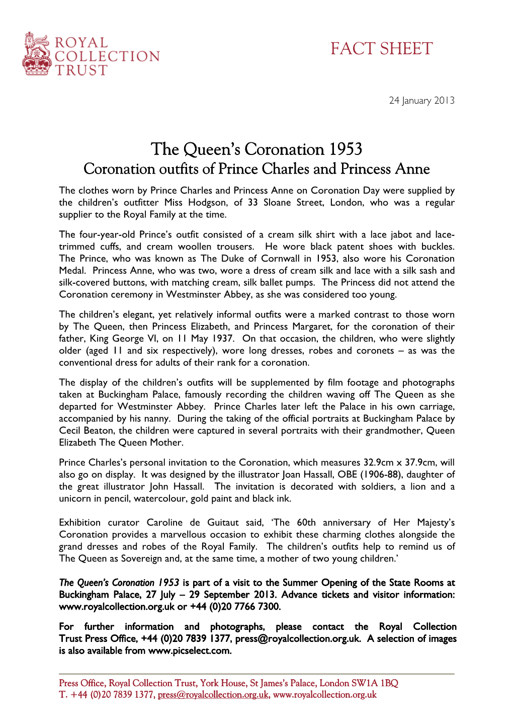 Fact Sheet the Queen's Coronation 1953 Children's Outfits