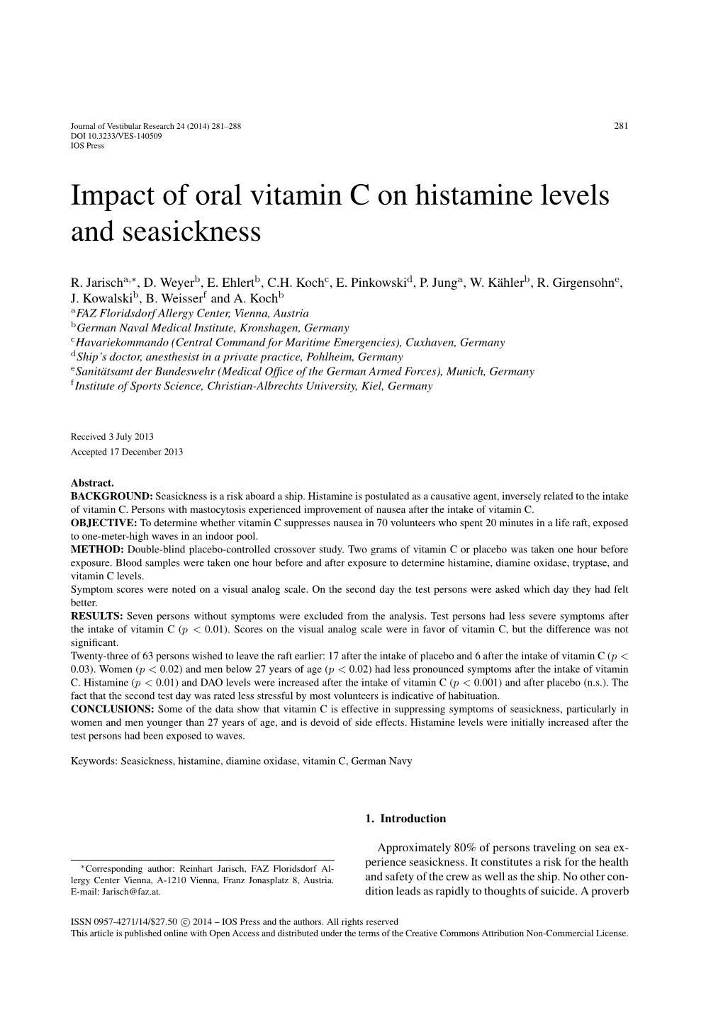 Impact of Oral Vitamin C on Histamine Levels and Seasickness