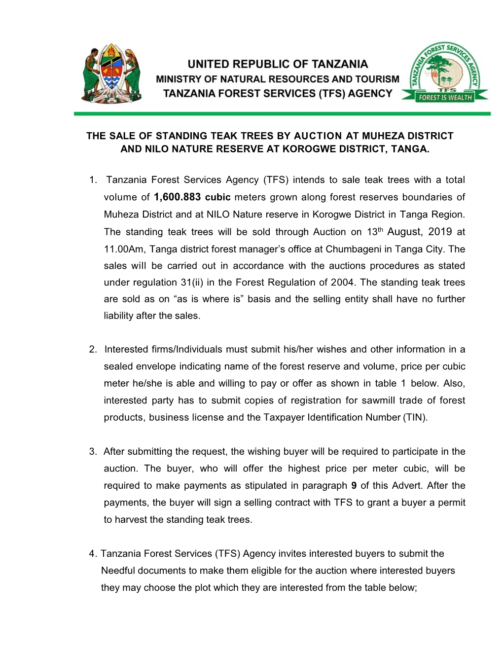 Th August, 2019 at 11.00Am, Tanga District Forest Manager’S Office at Chumbageni in Tanga City