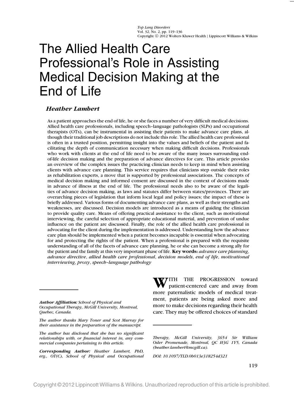 The Allied Health Care Professional's Role in Assisting Medical Decision