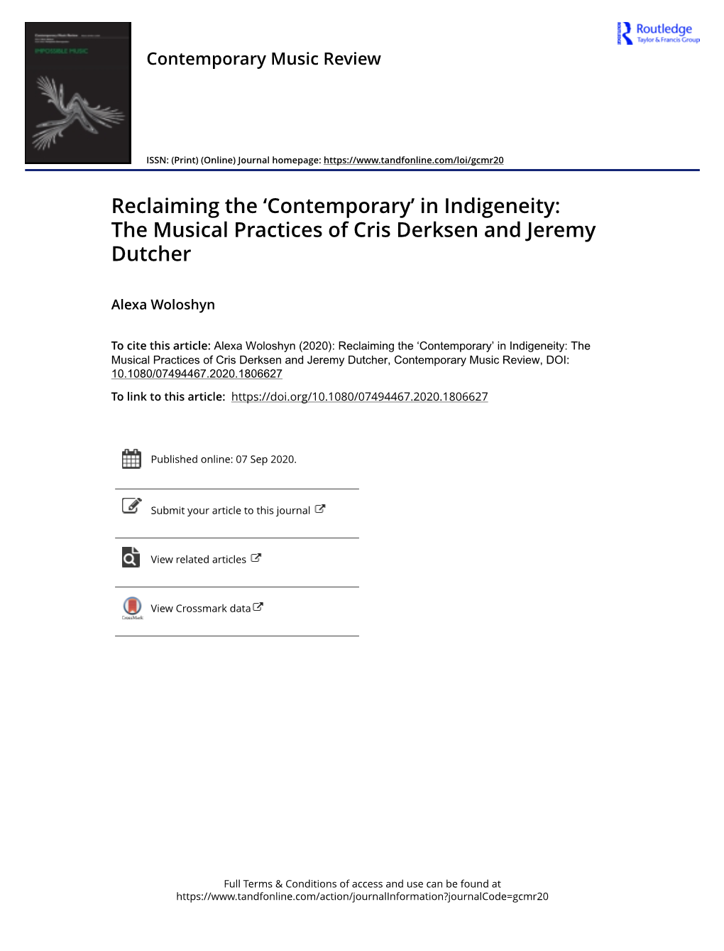 In Indigeneity: the Musical Practices of Cris Derksen and Jeremy Dutcher