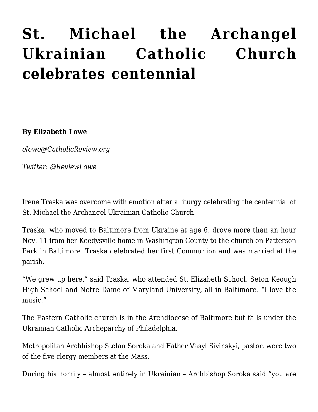 St. Michael the Archangel Ukrainian Catholic Church Celebrates Centennial