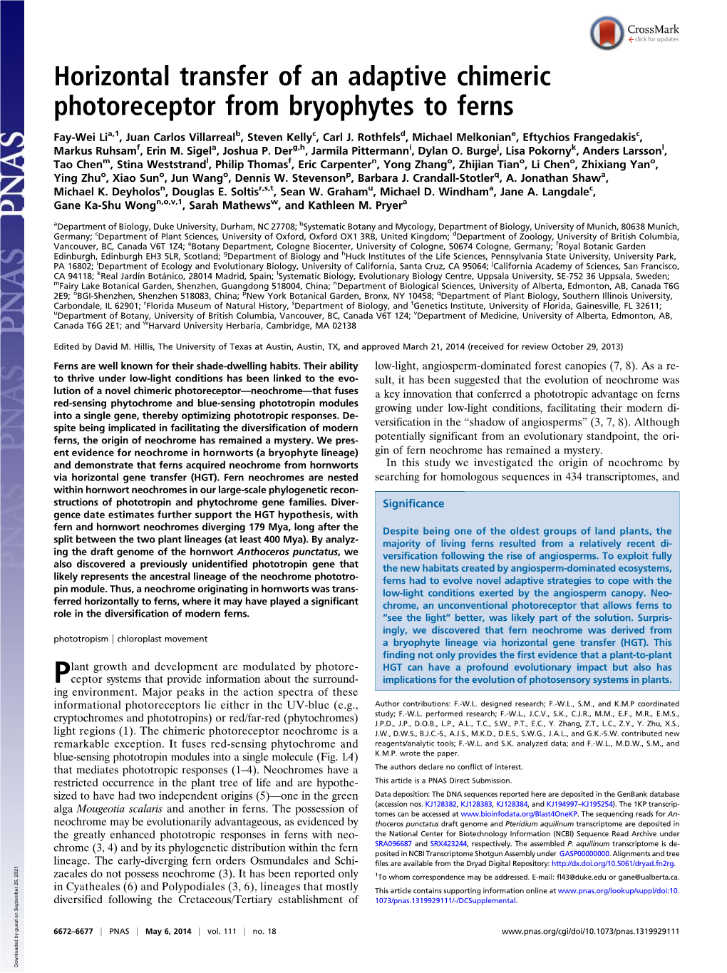 Horizontal Transfer of an Adaptive Chimeric Photoreceptor from Bryophytes to Ferns