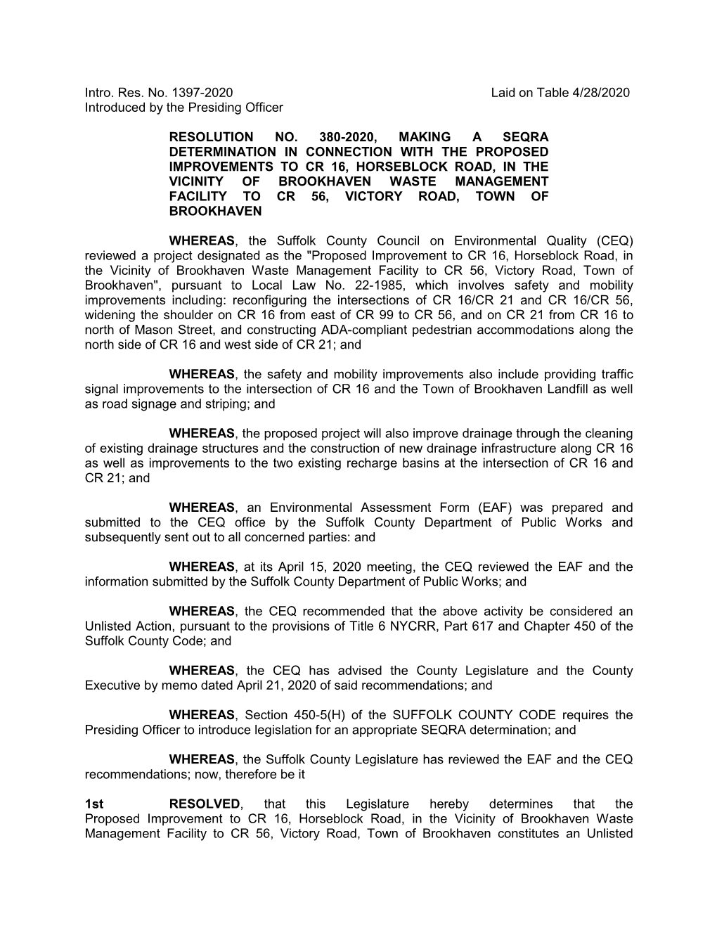 Intro. Res. No. 1397-2020 Laid on Table 4/28/2020 Introduced by the Presiding Officer