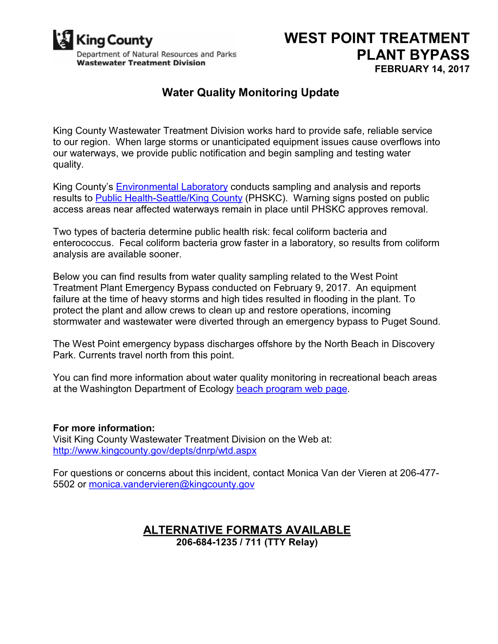Water Quality Monitoring Update